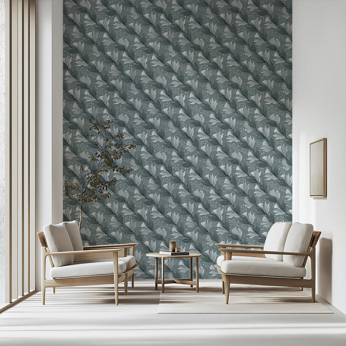 Small-Scale Diagonal Lily Wallpaper | Muted Teal and Gray