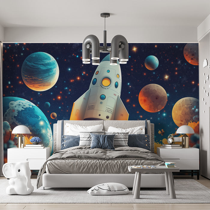 Rocket Launch Mural Wallpaper in Bedroom | Various Colors (Blue, Red, Orange, etc.) of Rocket