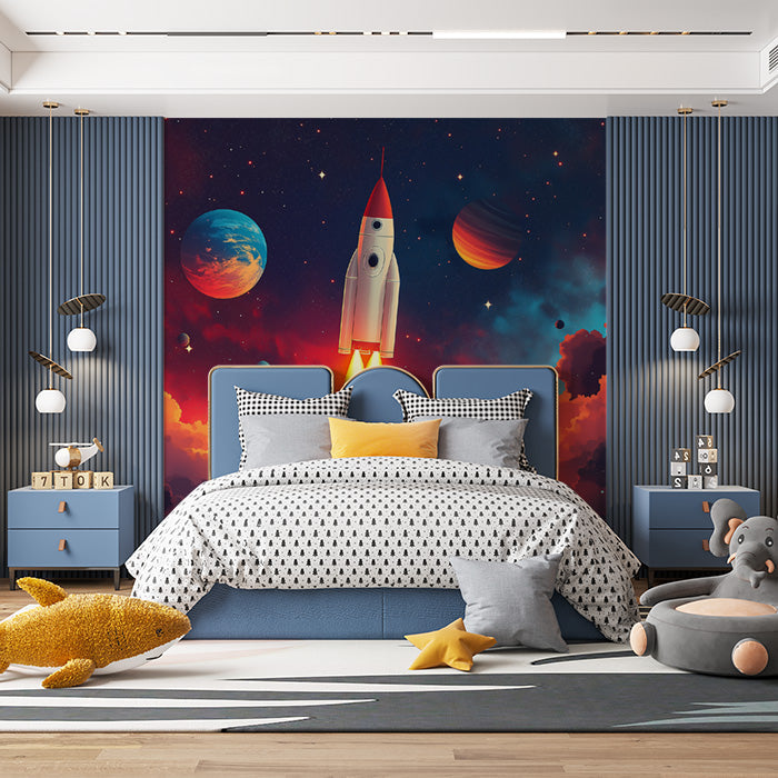 Rocket Launch Mural Wallpaper in Bedroom | Various Colors (Blue, Red, Orange, etc.) of Rocket