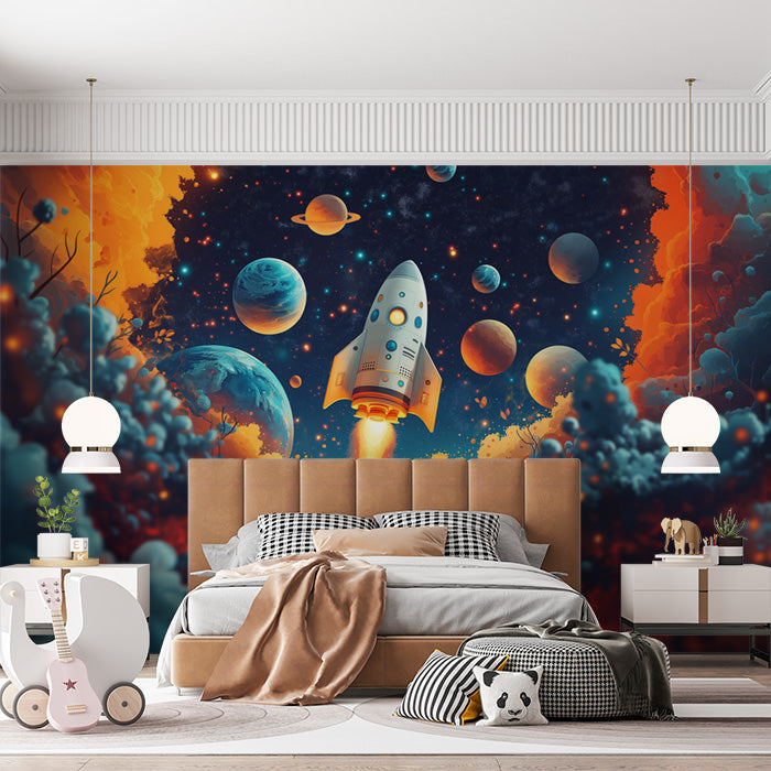 Rocket Launch Mural Wallpaper in Bedroom | Various Colors (Blue, Red, Orange, etc.) of Rocket
