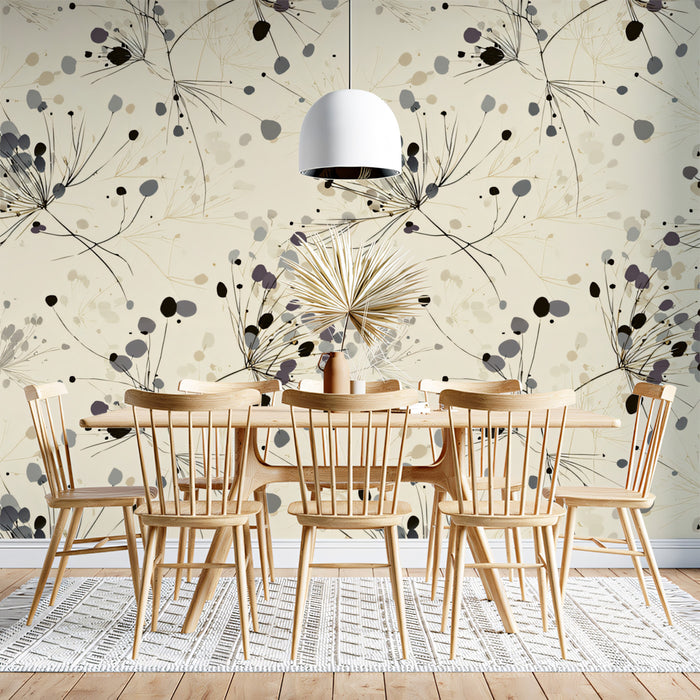 Modern Dandelion Seed Head Wallpaper | Abstract, Off-White, Dark Ink Splatters
