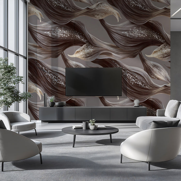Luxury Wavy Leaf Mural Wallpaper | Mocha Brown, Glimmering Texture, Modern Flow