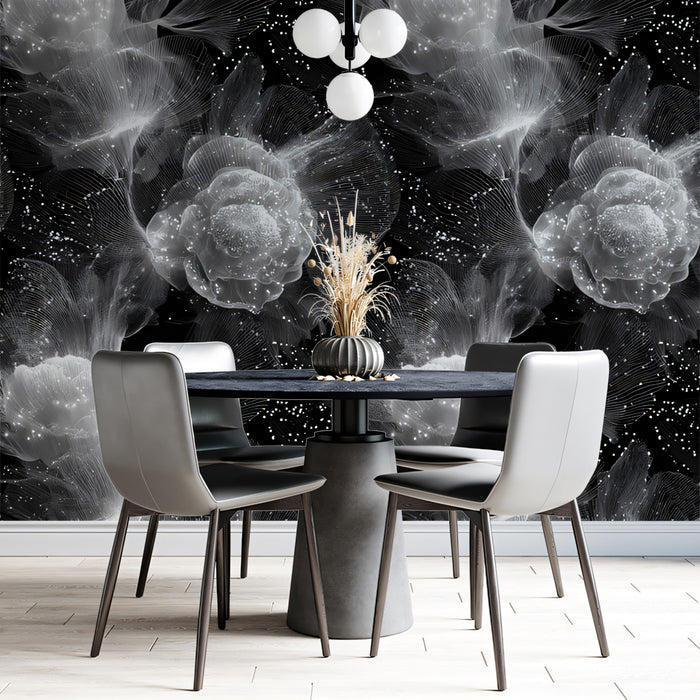 Black & White Fiber Optic Bloom Mural | High-Contrast, Abstract Floral, Futuristic Art