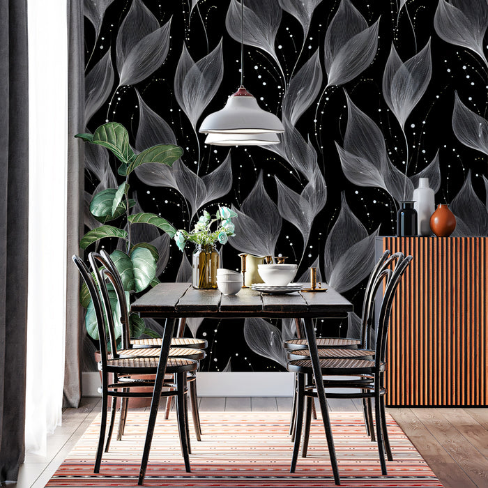 Monochrome Botanical Flow Mural | Black Background, Sheer Leaves, Dynamic Movement