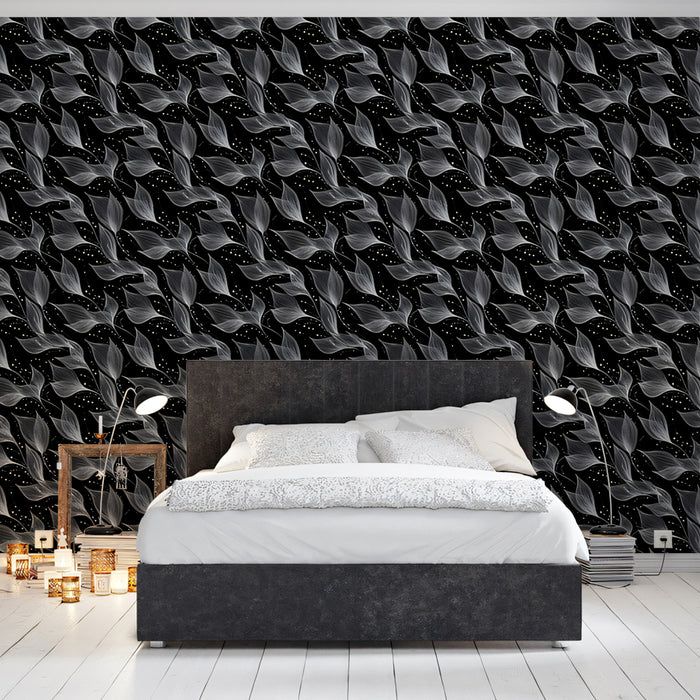 Micro Sheer Leaf Texture Wallpaper | Black and White, Diagonal, Intricate Pattern