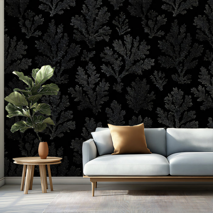 Moody Coral Damask Wallpaper | Black-on-Black, Stippled Texture, Gothic Glamour