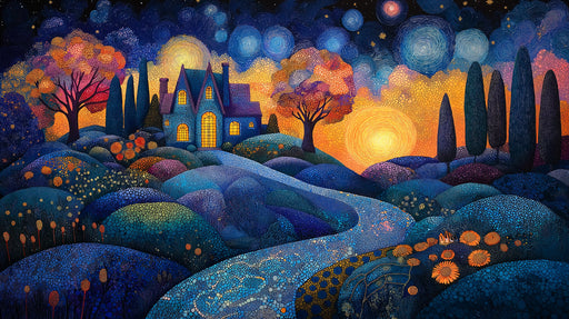 Starry Night Cottage Mural Wallpaper in Bedroom | Various Colors (Blue, Orange, Yellow, etc.) of Cottage