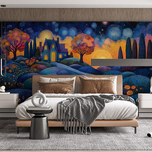 Starry Night Cottage Mural Wallpaper in Bedroom | Various Colors (Blue, Orange, Yellow, etc.) of Cottage