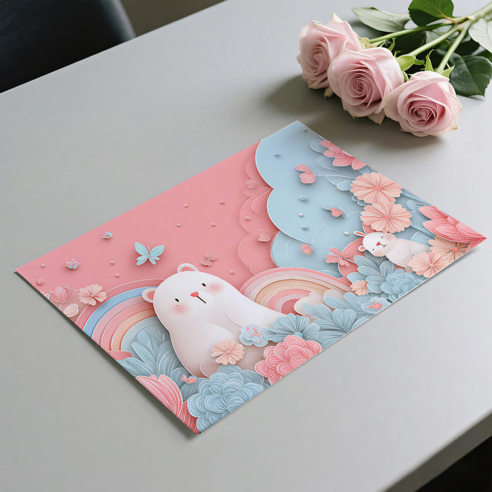 Murale giardino orsetto e coniglietto ritagliati | Rosa e azzurro pastello, floreale, arte per nursery