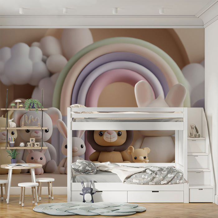 Knitted Plushie Animal Lineup Mural | Soft Texture, Neutral Nursery, Rainbow Arch
