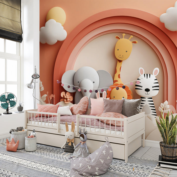 Paper-Cut Safari Rainbow Mural | Warm Neutrals, Elephant & Zebra, Minimalist Nursery