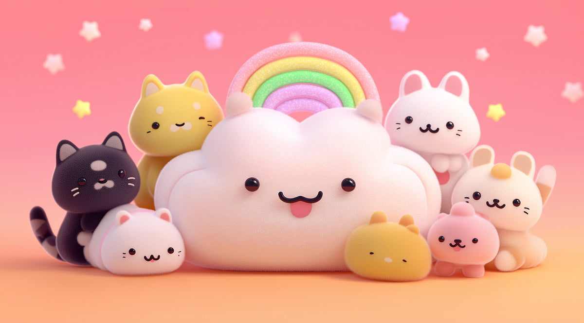 Murale Festa delle Nuvole con Gatti Kawaii | Rendering 3D, Texture Morbida, Rosa Vivace per la Stanza dei Bambini
