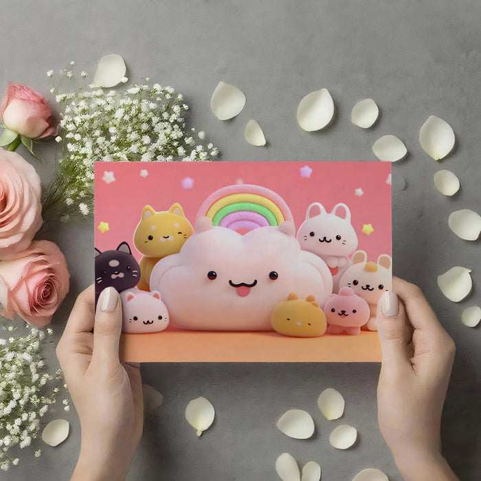 Murale Festa delle Nuvole con Gatti Kawaii | Rendering 3D, Texture Morbida, Rosa Vivace per la Stanza dei Bambini