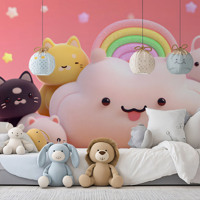 Murale Festa delle Nuvole con Gatti Kawaii | Rendering 3D, Texture Morbida, Rosa Vivace per la Stanza dei Bambini