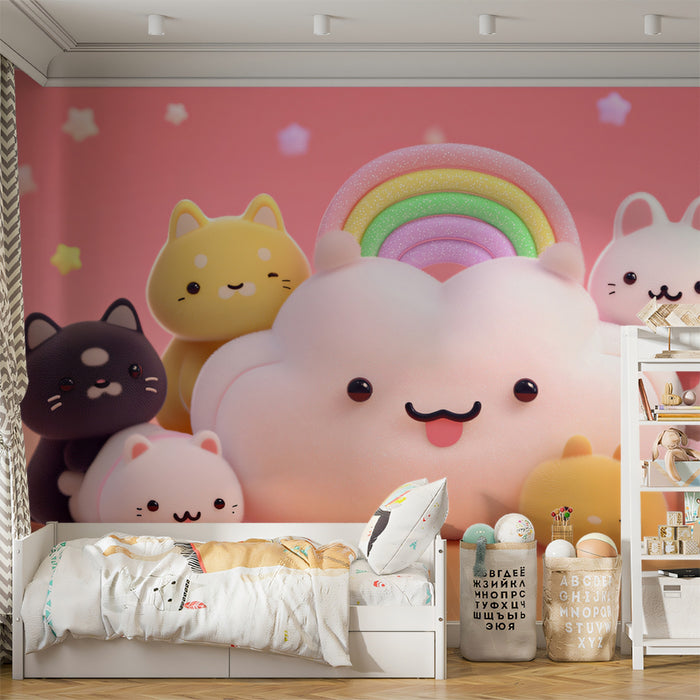 Kawaii Cat Cloud Party Mural | 3D Render, Plush Texture, Vibrant Pink Nursery