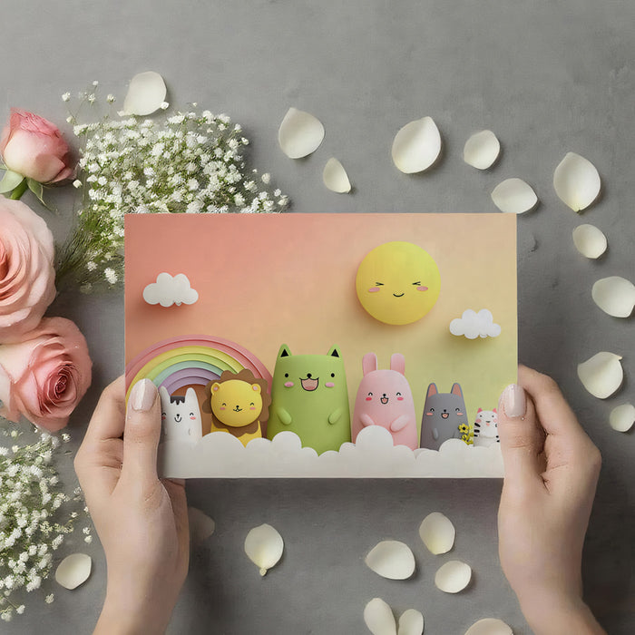 Murale Animale 3D in Scultura Morbida | Arcobaleno Pastello, Gatti e Coniglietti Carini, Colori del Tramonto