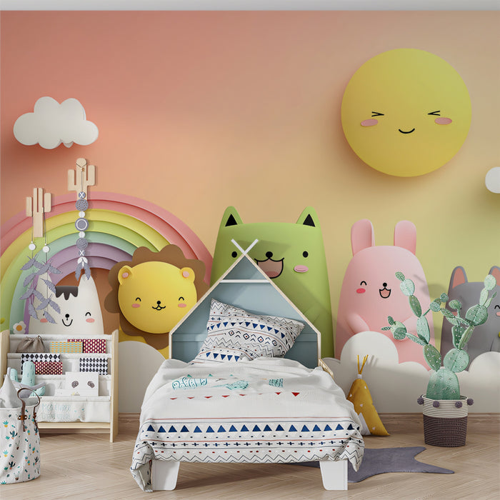 Murale Animale 3D in Scultura Morbida | Arcobaleno Pastello, Gatti e Coniglietti Carini, Colori del Tramonto