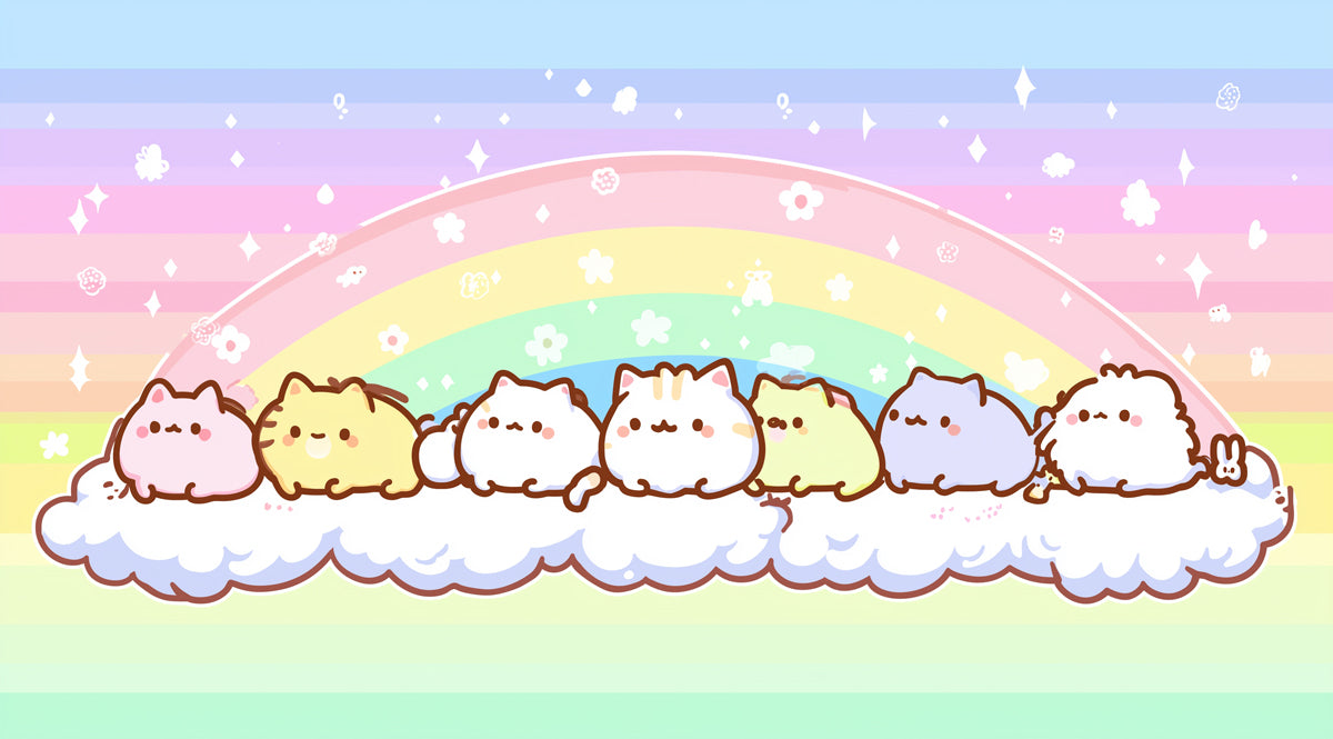 Murale Panoramico Arcobaleno con Gatti Paffuti | Linea Kawaii, Sfumature Pastello Morbide