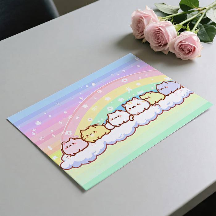 Murale Panoramico Arcobaleno con Gatti Paffuti | Linea Kawaii, Sfumature Pastello Morbide