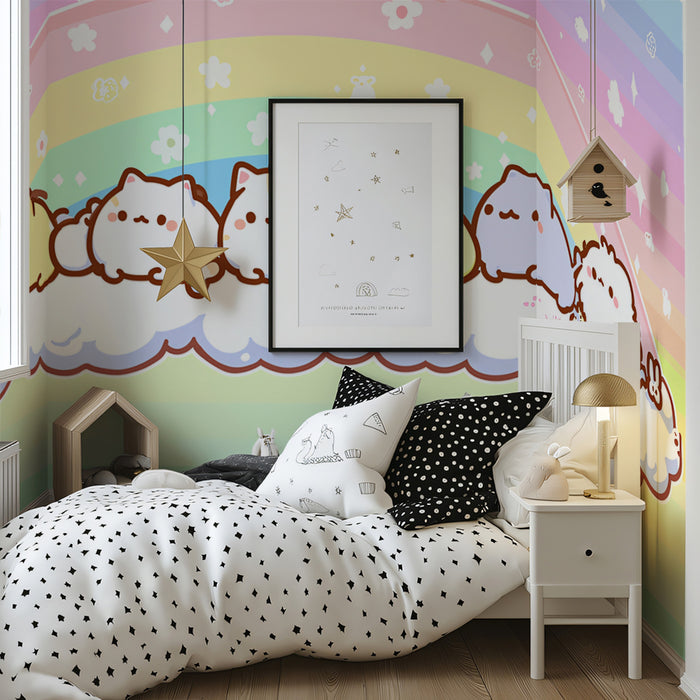 Chubby Cat Rainbow Panorama Mural | Kawaii Lineup, Soft Pastel Gradient Background