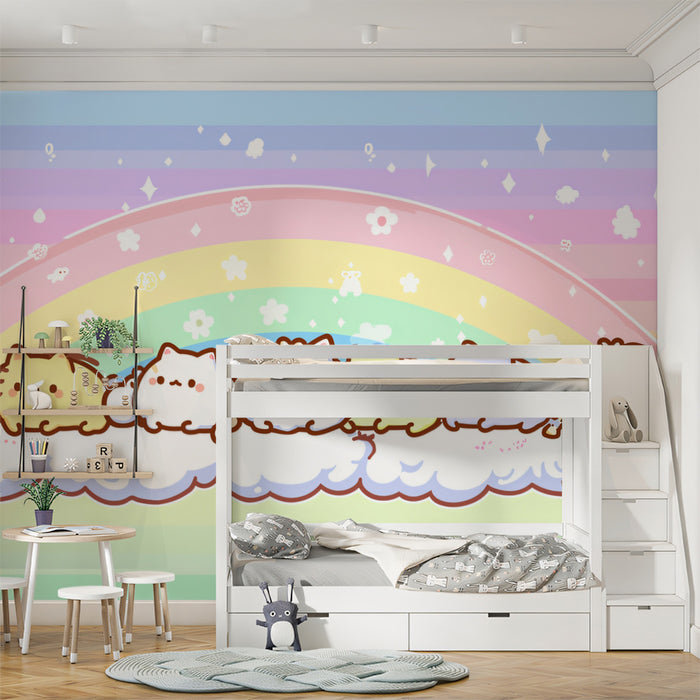 Murale Panoramico Arcobaleno con Gatti Paffuti | Linea Kawaii, Sfumature Pastello Morbide