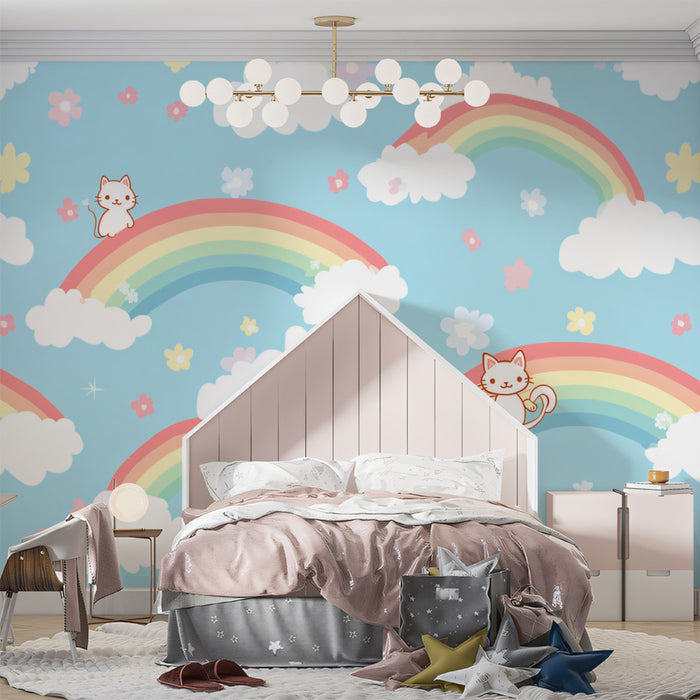Kawaii Kitten Rainbow Cloud Pattern | Repetitive Motif, Sky Blue Nursery Wallpaper