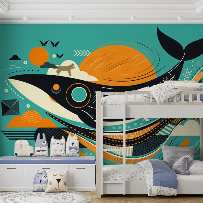 Abstract Whale & Safari Mural | Geometric, Mid-Century Modern, Teal & Orange