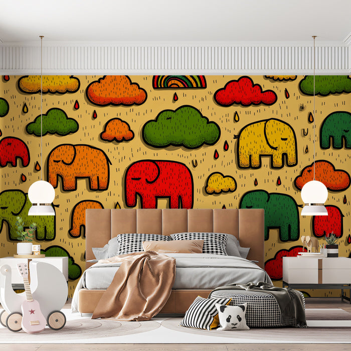 Pop Art Elephant Rain Pattern | Bold Primary Colors, Doodle Style, Yellow Background