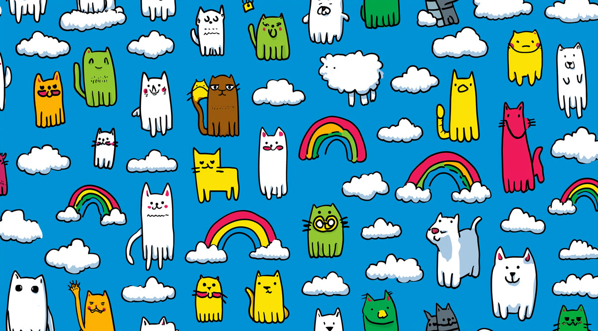 Motivo Astratto Gatto Brillante | Stile Scarabocchio Urbano, Blu ad Alto Contrasto, Animali a Fumetti