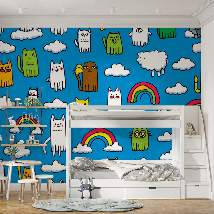 Motivo Astratto Gatto Brillante | Stile Scarabocchio Urbano, Blu ad Alto Contrasto, Animali a Fumetti