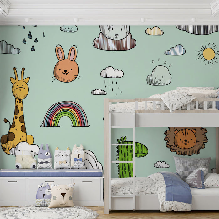Kawaii Safari Animal Doodle Pattern | Hand-Drawn, Mint Green, Repeat Motif