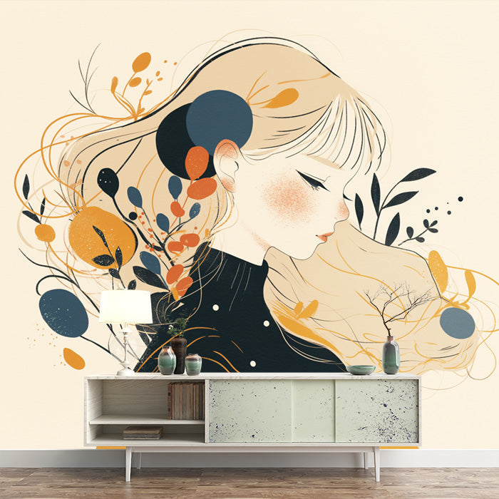 Illustration of Woman with Floral Hair Mural Wallpaper in Living Room | Various Colors (Orange, Blue, Yellow, etc.) of Woman