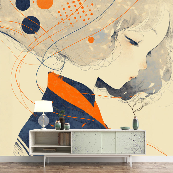 Illustration of Woman with Floral Hair Mural Wallpaper in Living Room | Various Colors (Orange, Blue, Yellow, etc.) of Woman