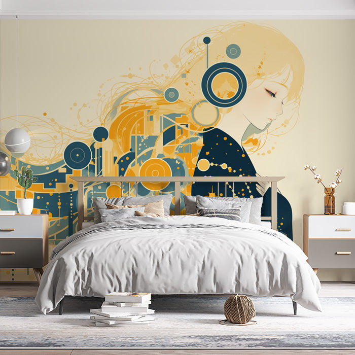 Illustration of Woman with Floral Hair Mural Wallpaper in Living Room | Various Colors (Orange, Blue, Yellow, etc.) of Woman