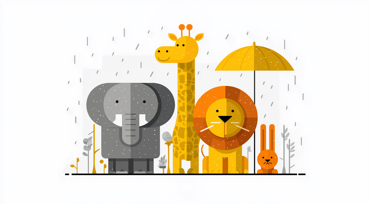 Minimalist Geometric Safari in the Rain | Flat Design, Yellow & Gray, High-Contrast