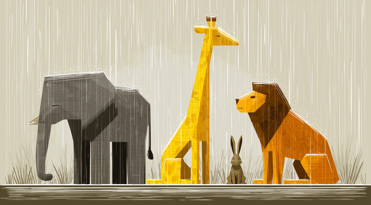 Low-Poly Safari Animals in the Rain | Geometric, Earth Tones, Abstract Art Style
