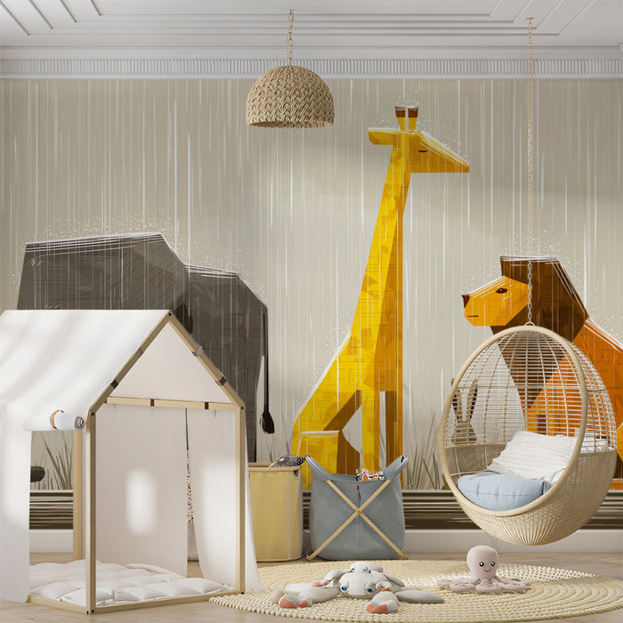 Low-Poly Safari Animals in the Rain | Geometric, Earth Tones, Abstract Art Style