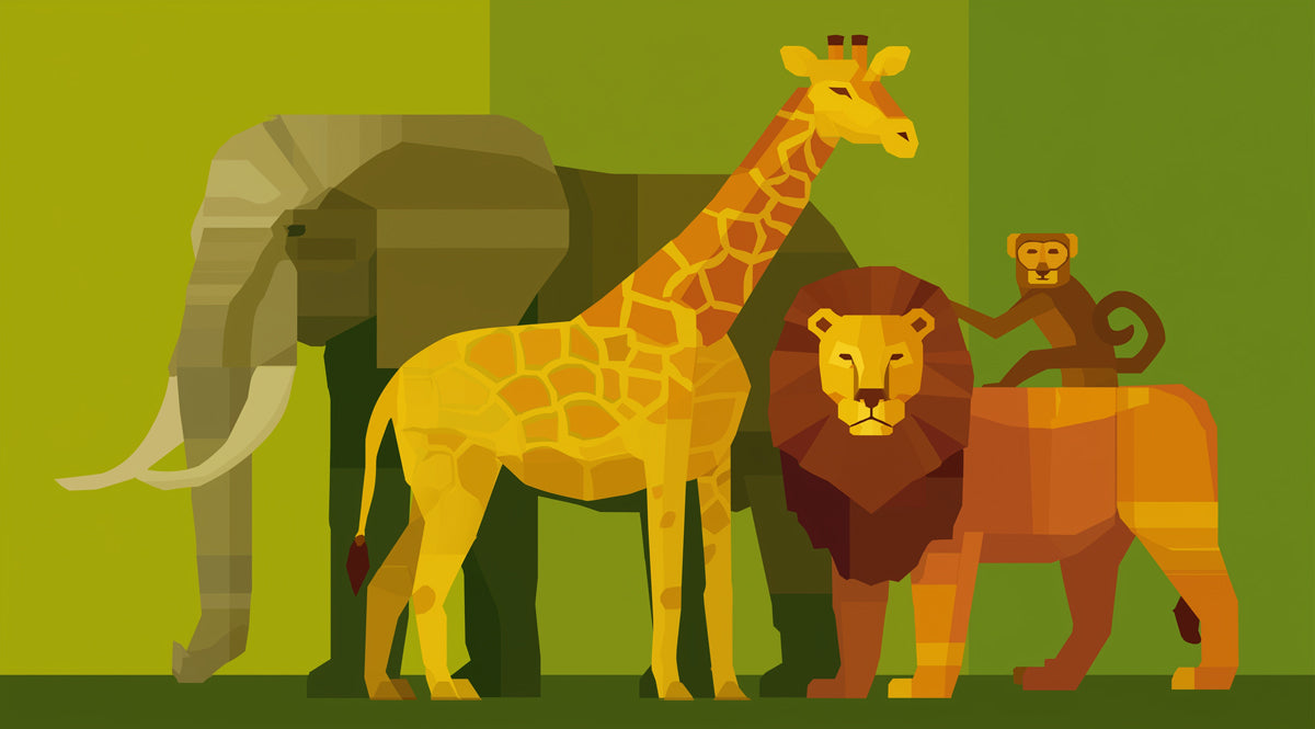 Geometric Safari Animal Group Mural | Flat Art, Layered Background, Warm Earth Tones