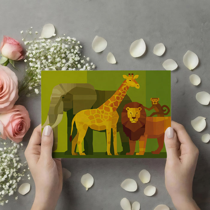 Geometric Safari Animal Group Mural | Flat Art, Layered Background, Warm Earth Tones