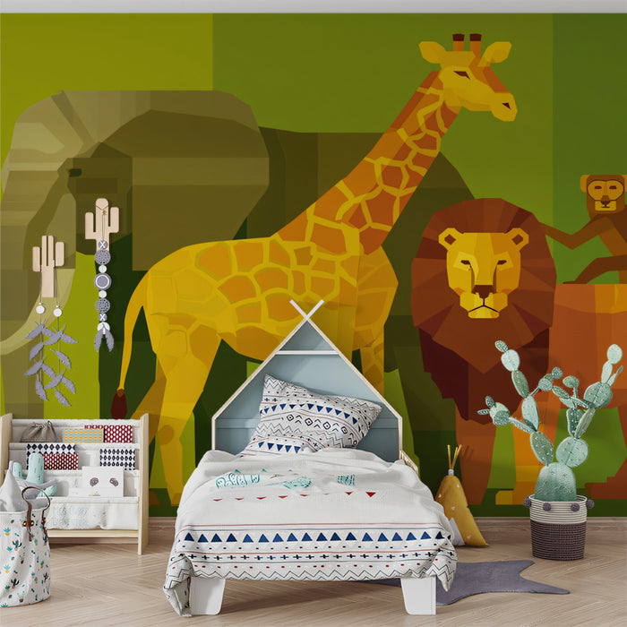 Geometric Safari Animal Group Mural | Flat Art, Layered Background, Warm Earth Tones