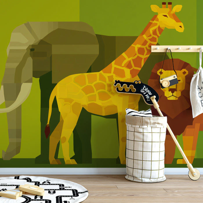 Geometric Safari Animal Group Mural | Flat Art, Layered Background, Warm Earth Tones