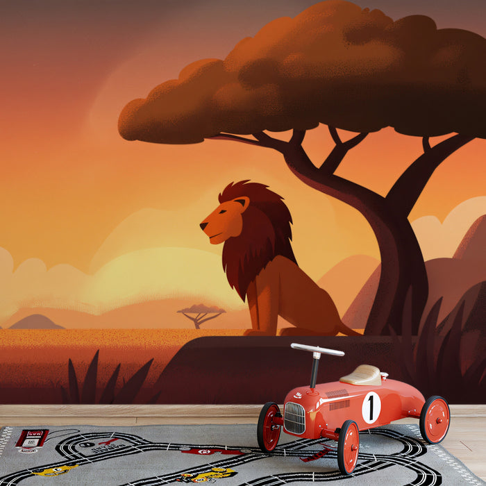 Lion at Sunset Savannah Mural | Flat Design, Warm Orange Tones, Minimalist Landscape
