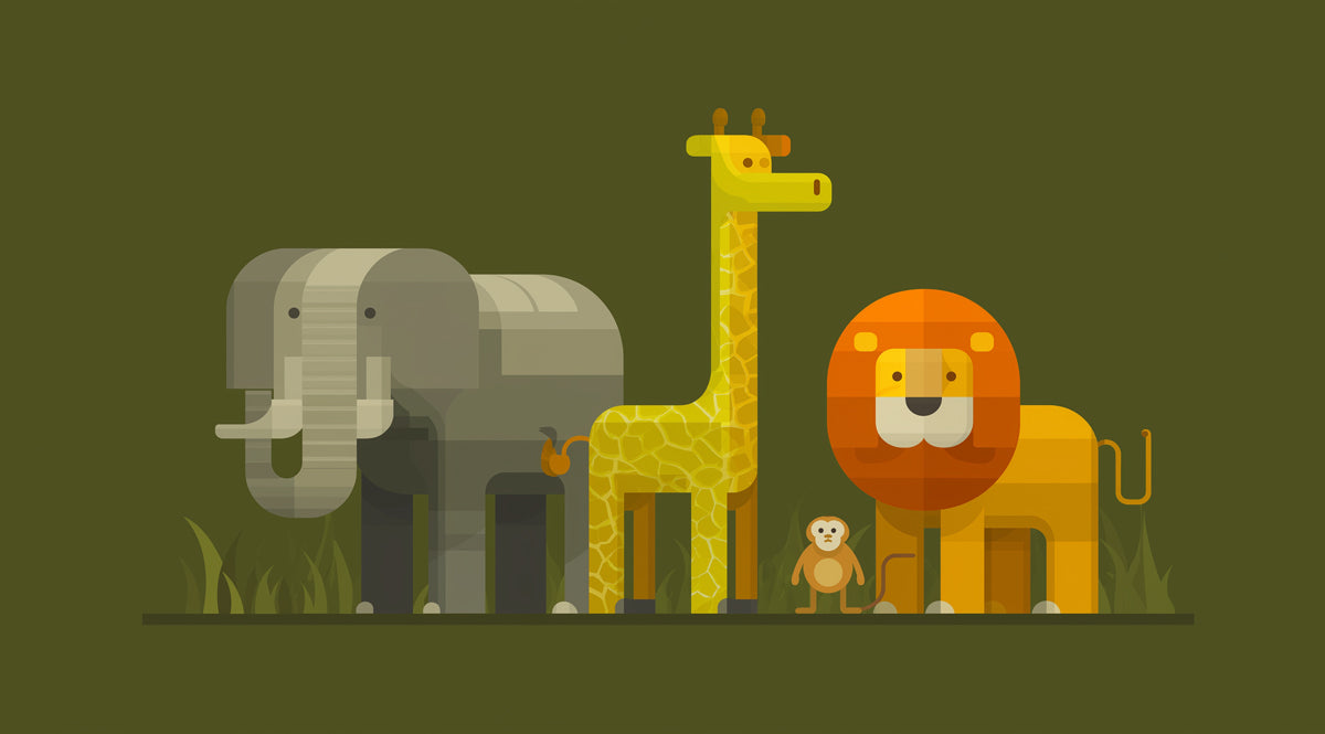 Flat Geometric Safari Animal Lineup | Olive Green Background, Minimalist Shapes, Retro Style
