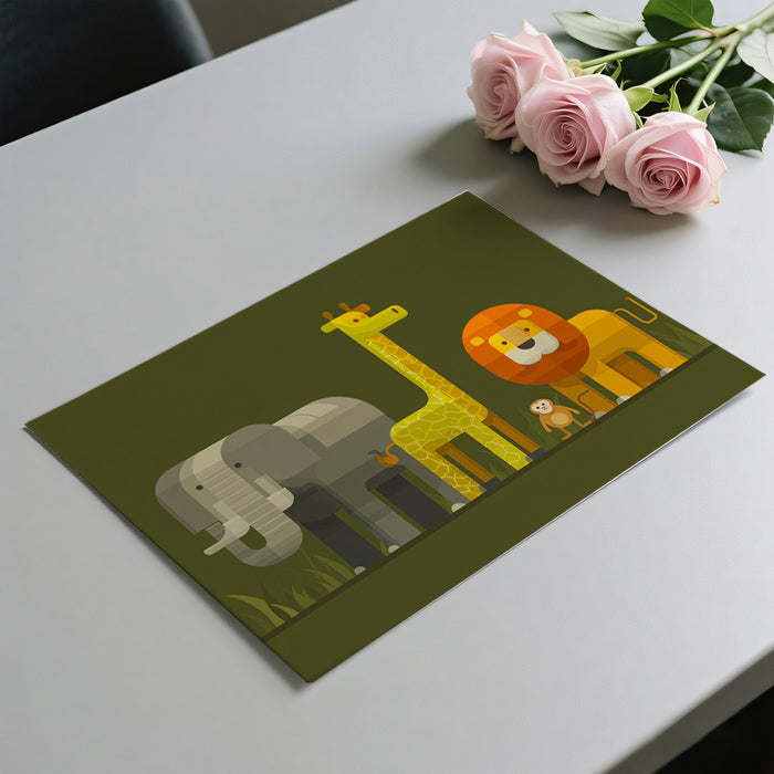 Flat Geometric Safari Animal Lineup | Olive Green Background, Minimalist Shapes, Retro Style