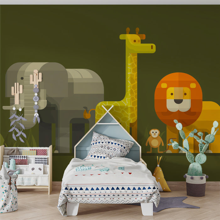 Flat Geometric Safari Animal Lineup | Olive Green Background, Minimalist Shapes, Retro Style