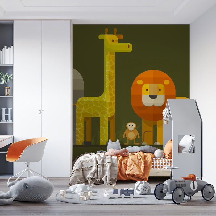 Flat Geometric Safari Animal Lineup | Olive Green Background, Minimalist Shapes, Retro Style