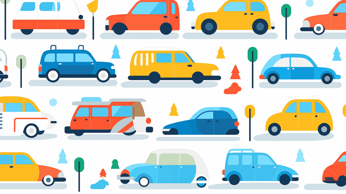 Geometric Retro Car Pattern | Flat Design, Primary Colors, Repetitive Motif