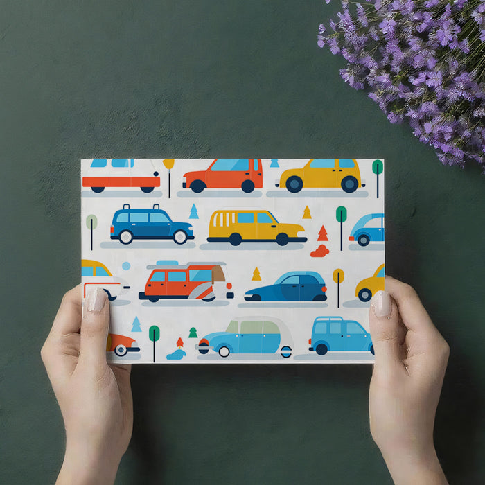 Geometric Retro Car Pattern | Flat Design, Primary Colors, Repetitive Motif