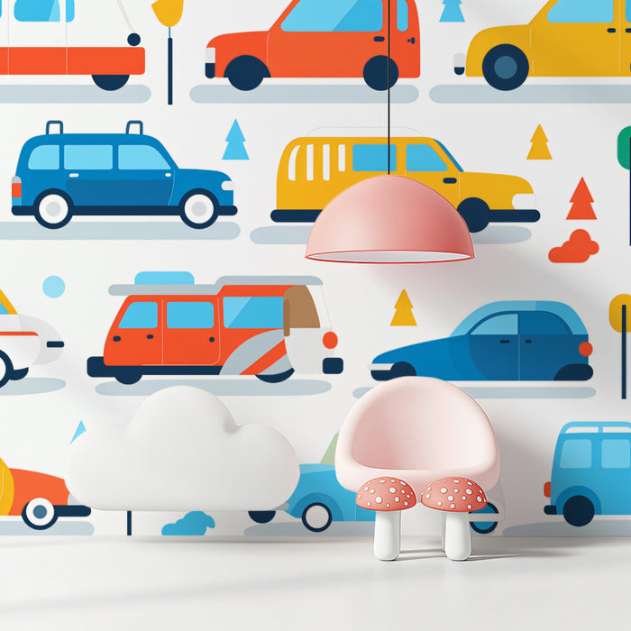 Geometric Retro Car Pattern | Flat Design, Primary Colors, Repetitive Motif