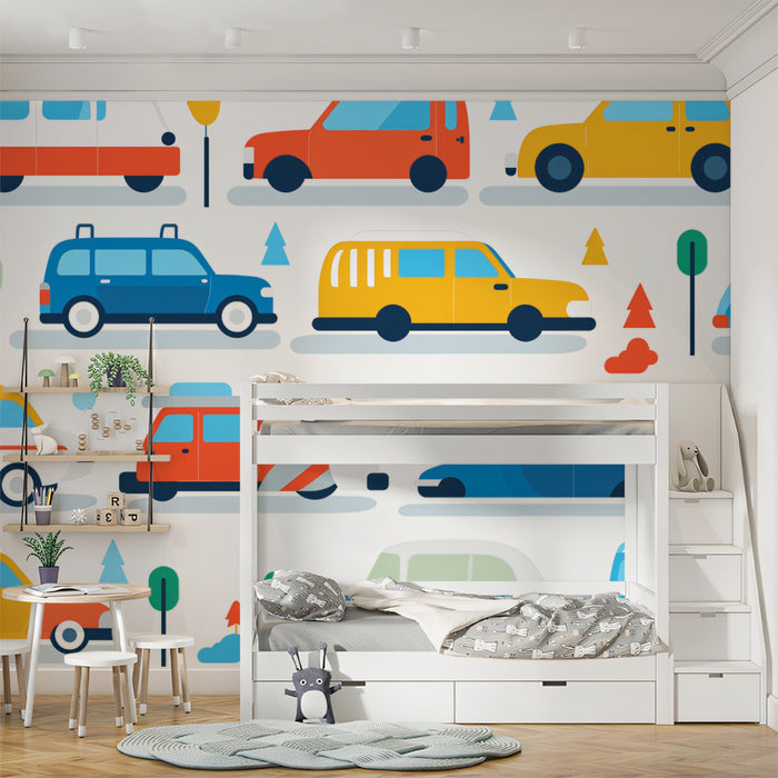 Geometric Retro Car Pattern | Flat Design, Primary Colors, Repetitive Motif